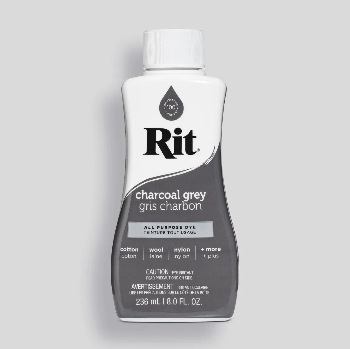 Bottle of Rit all purpose charcoal gray dye on a light gray background