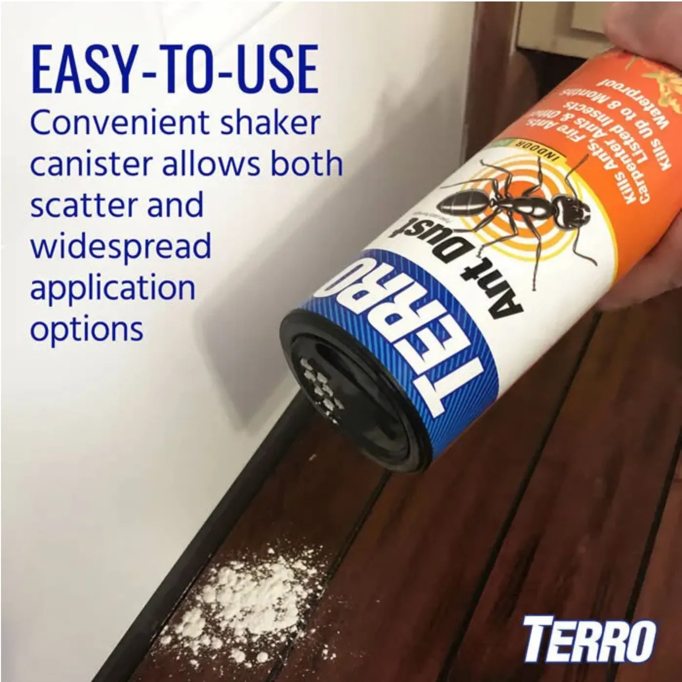 Terro ant dust shaker canister with text on an indoor setting