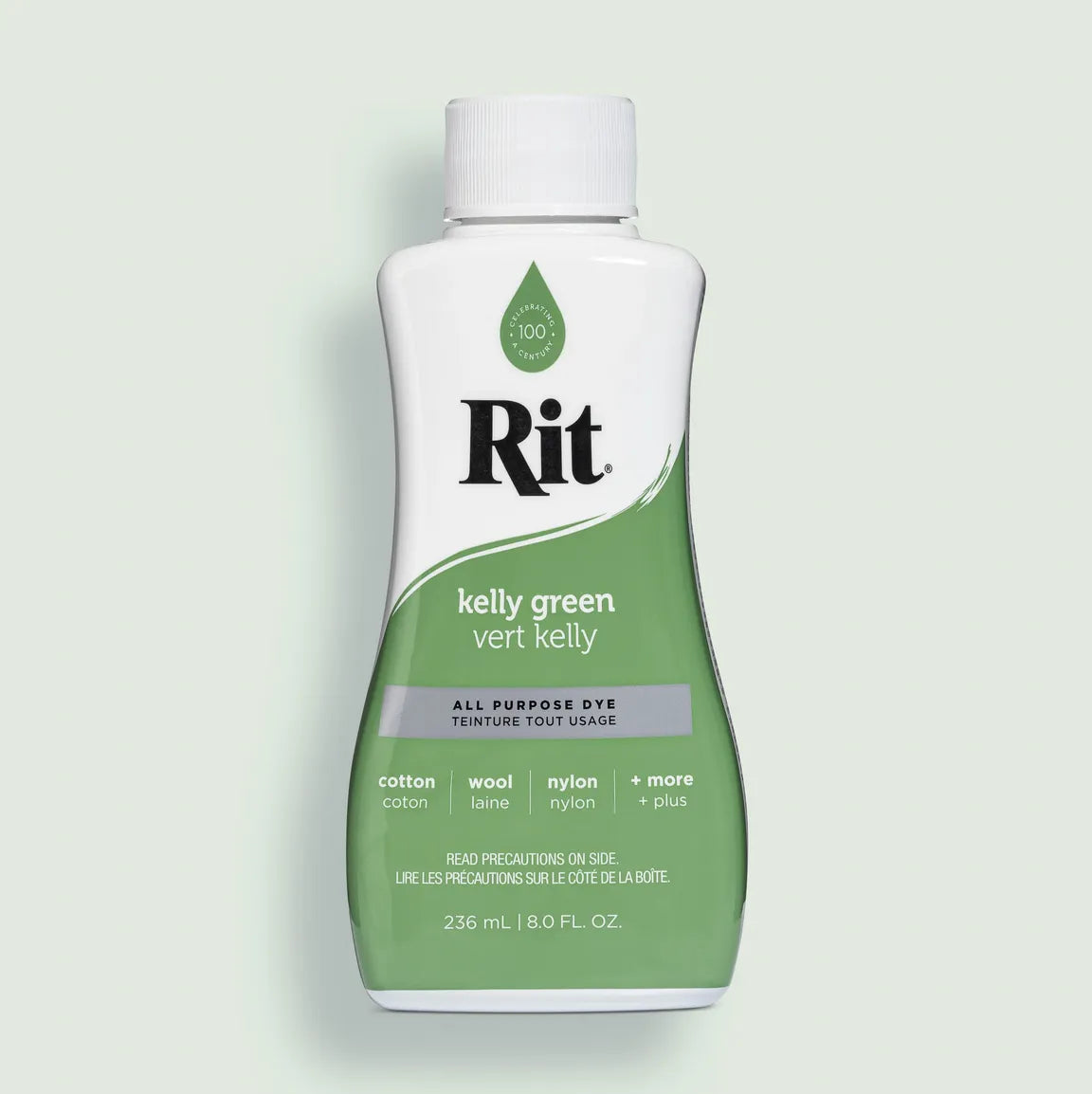 Rit all purpose dye bottle in kelly green on a light gray background