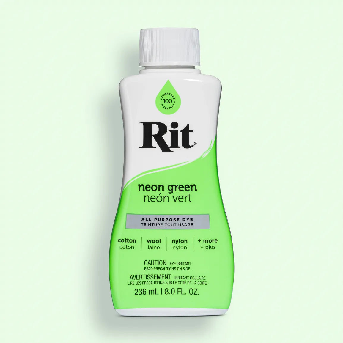Rit all purpose dye bottle in neon green on a light green background