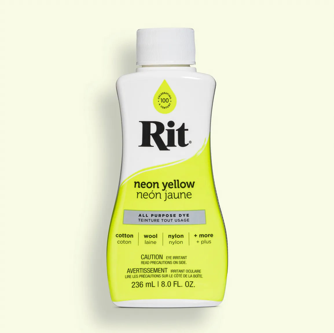 Bottle of Rit neon yellow all-purpose dye on a white background