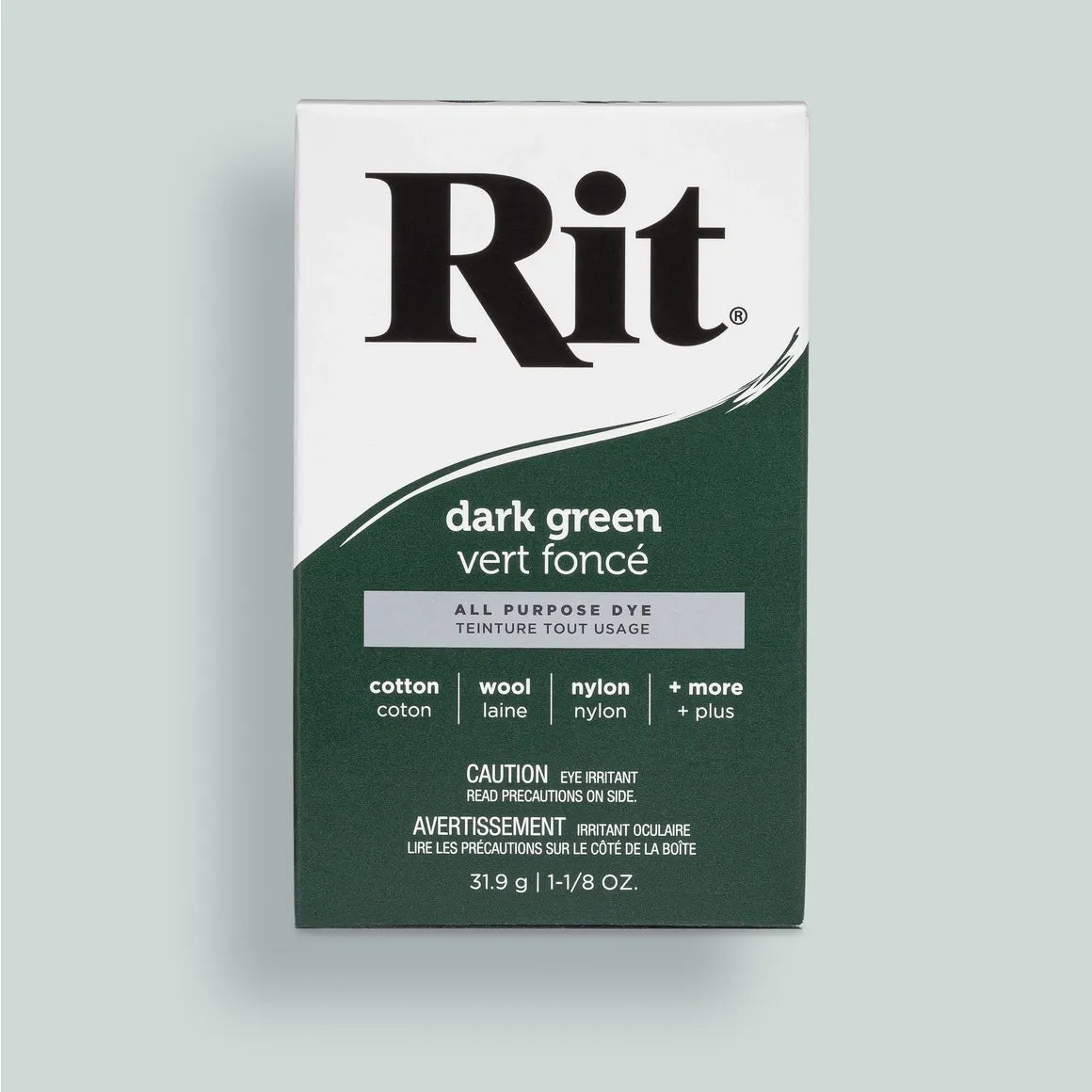 Rit dark green dye packaging on a light gray background