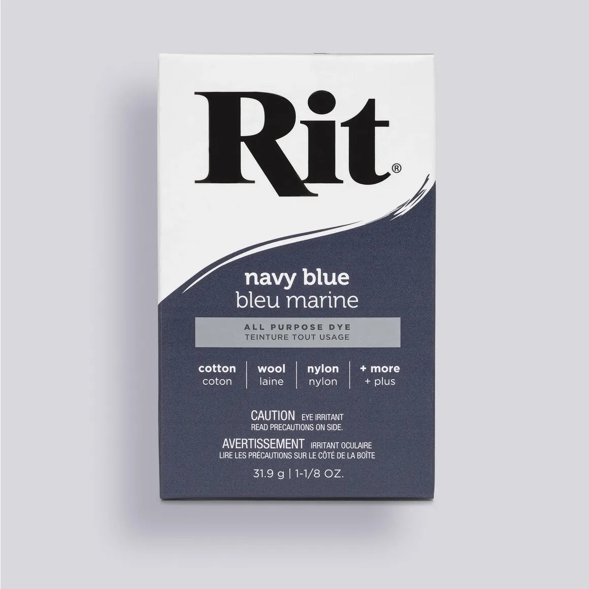 Rit dye packet for navy blue on a light gray background