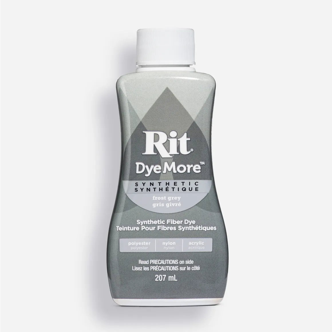 Bottle of Rit DyeMore synthetic fiber dye in frost grey on a white background