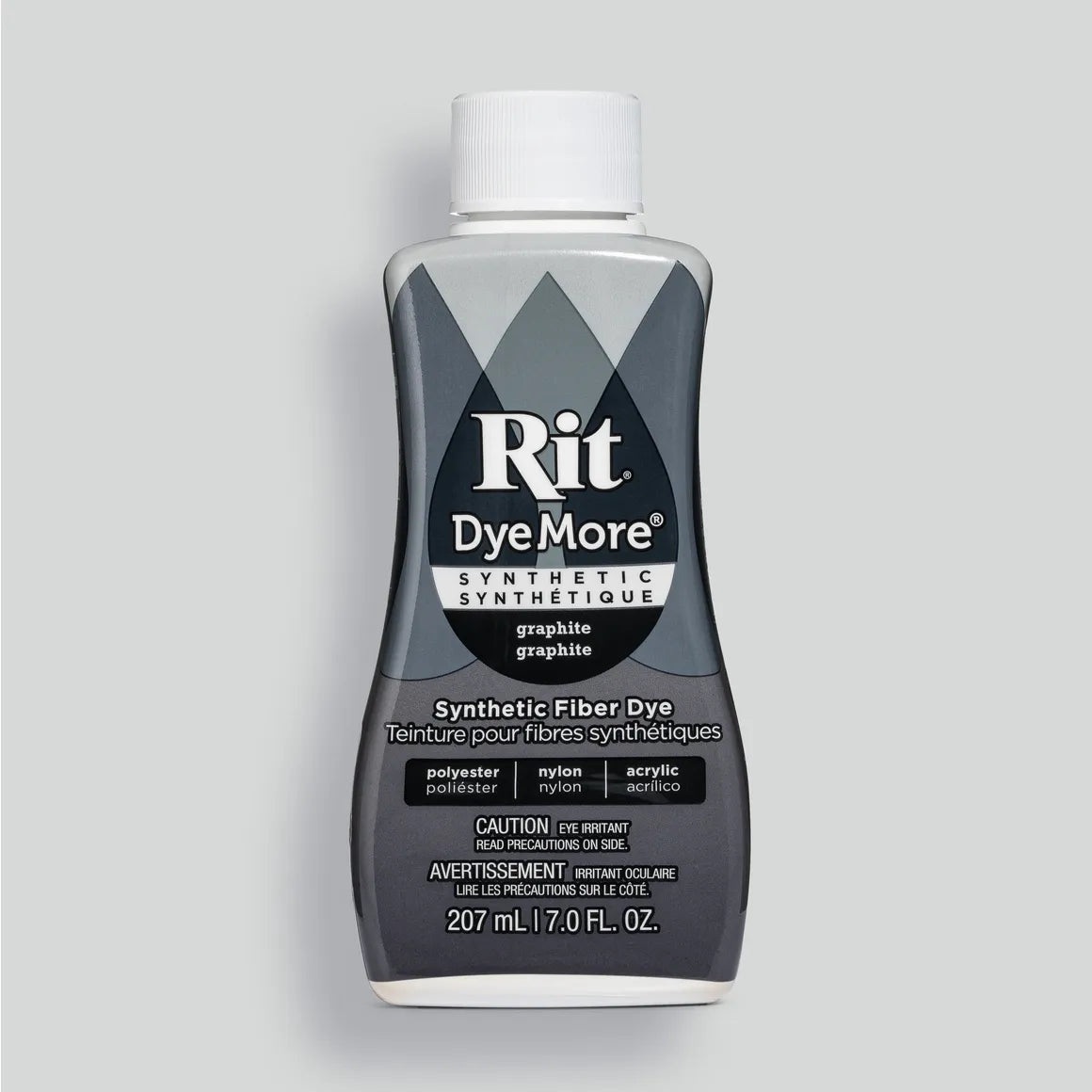 Bottle of Graphite Rit DyeMore synthetic fiber dye on a gray background