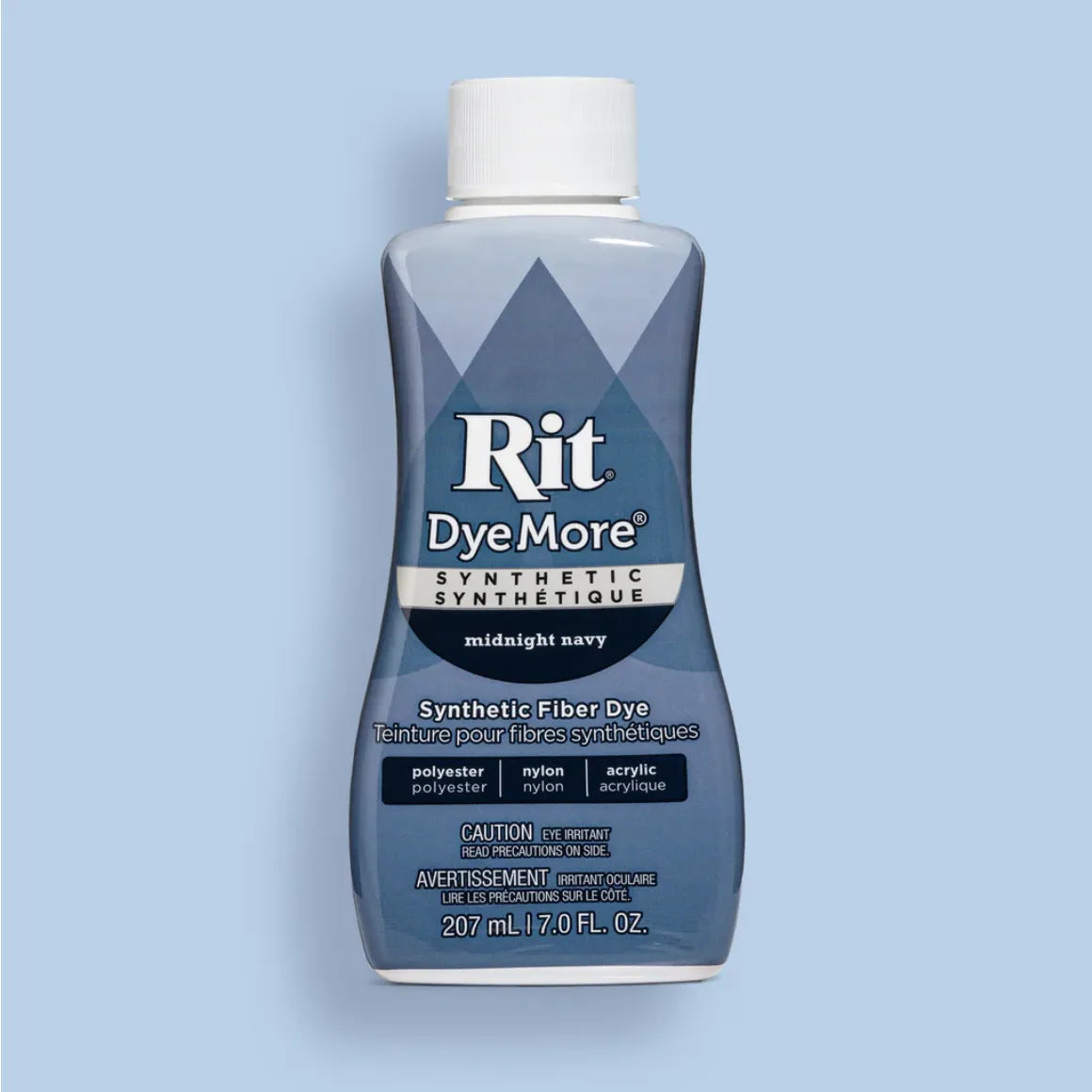 Bottle of Midnight Navy Rit DyeMore synthetic fiber dye on a light blue background