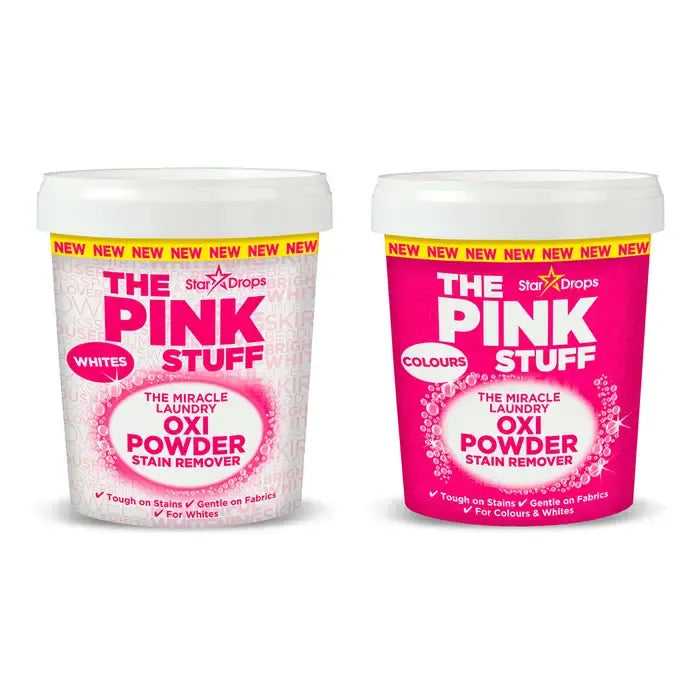 Two containers of 'The Pink Stuff' laundry stain remover