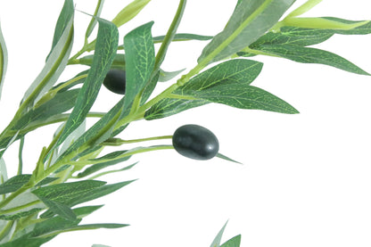 Artificial olive branch with green leaves and black olives on a white background