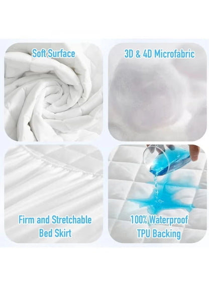 4 mini images showing the quilted mattress protector waterproof, softness deep skirt and mircrofiber features