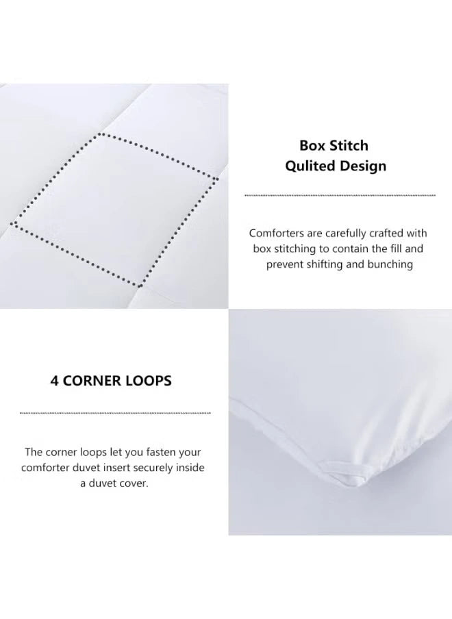 Text description of box stitch and quilted design on a white comforter with corner loops.