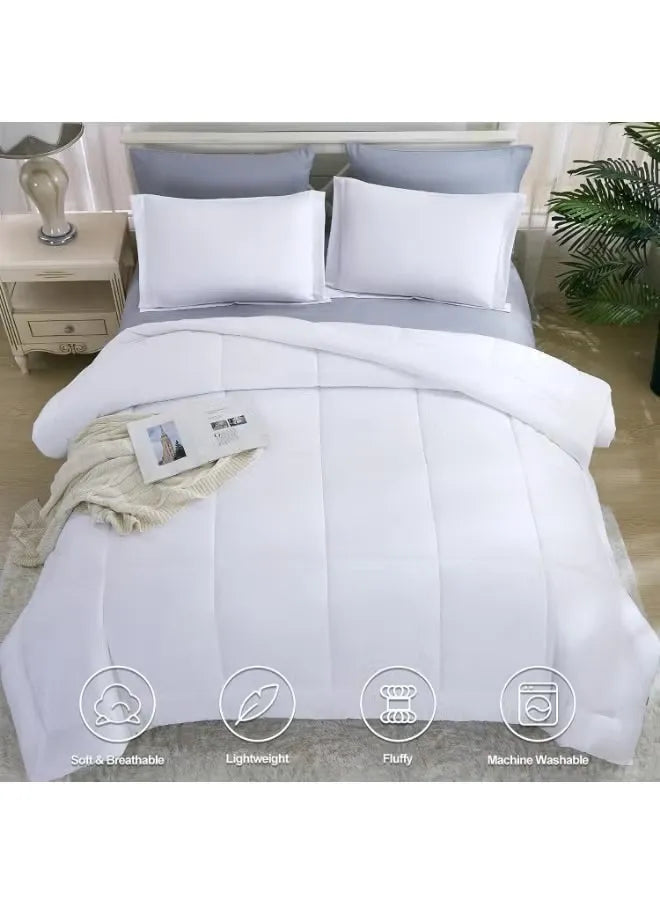 White comforter set on a bed with visible brand label and features.