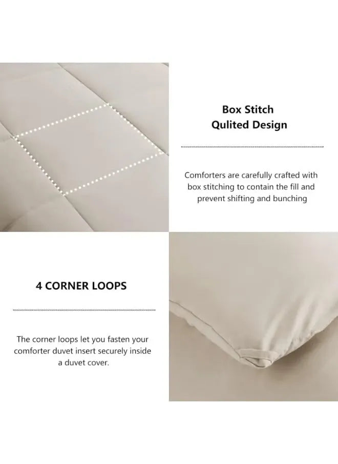 Text description of a box stitch quilted design with corner loops on a beige comforter.