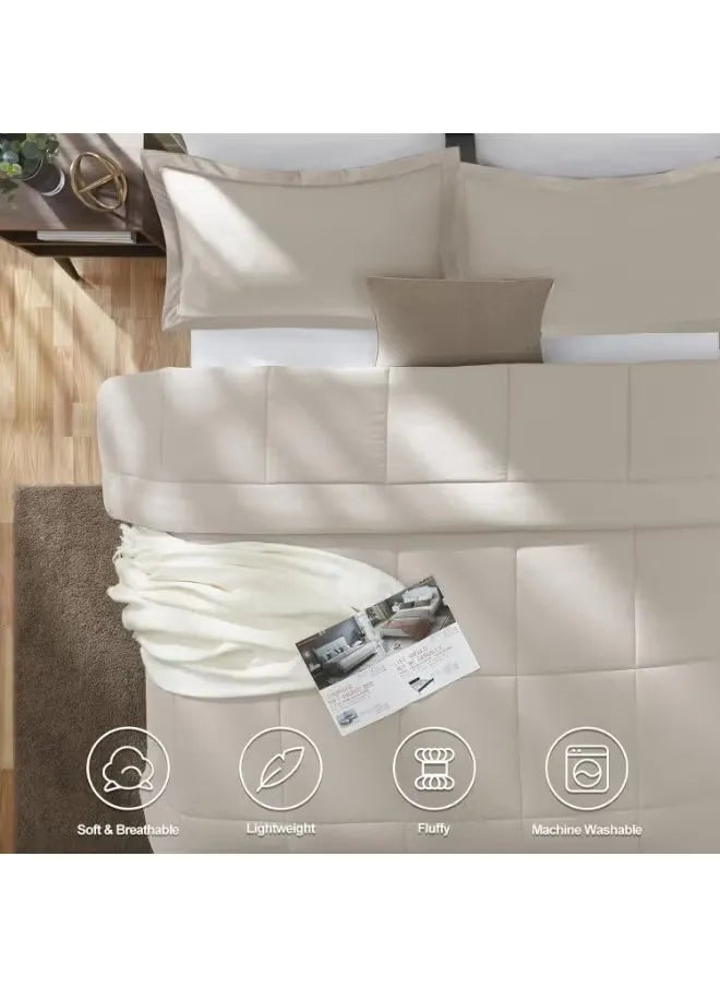 Beige bed with pillows and a comforter, featuring product benefits on a white background.