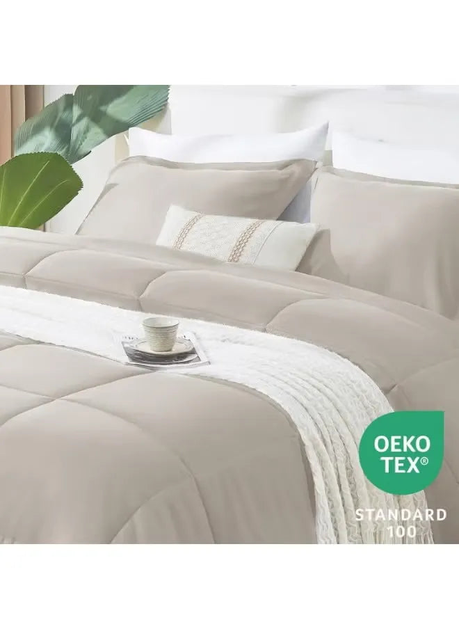 Beige bedding set with a cup and saucer on a white background, featuring OEKO-TEX certification.