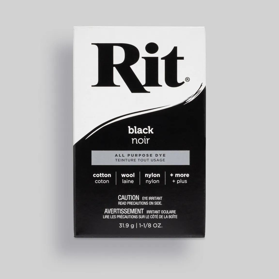 Rit black all-purpose dye packaging on a gray background