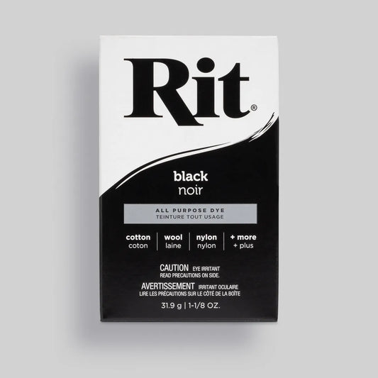 Rit black all-purpose dye packaging on a gray background