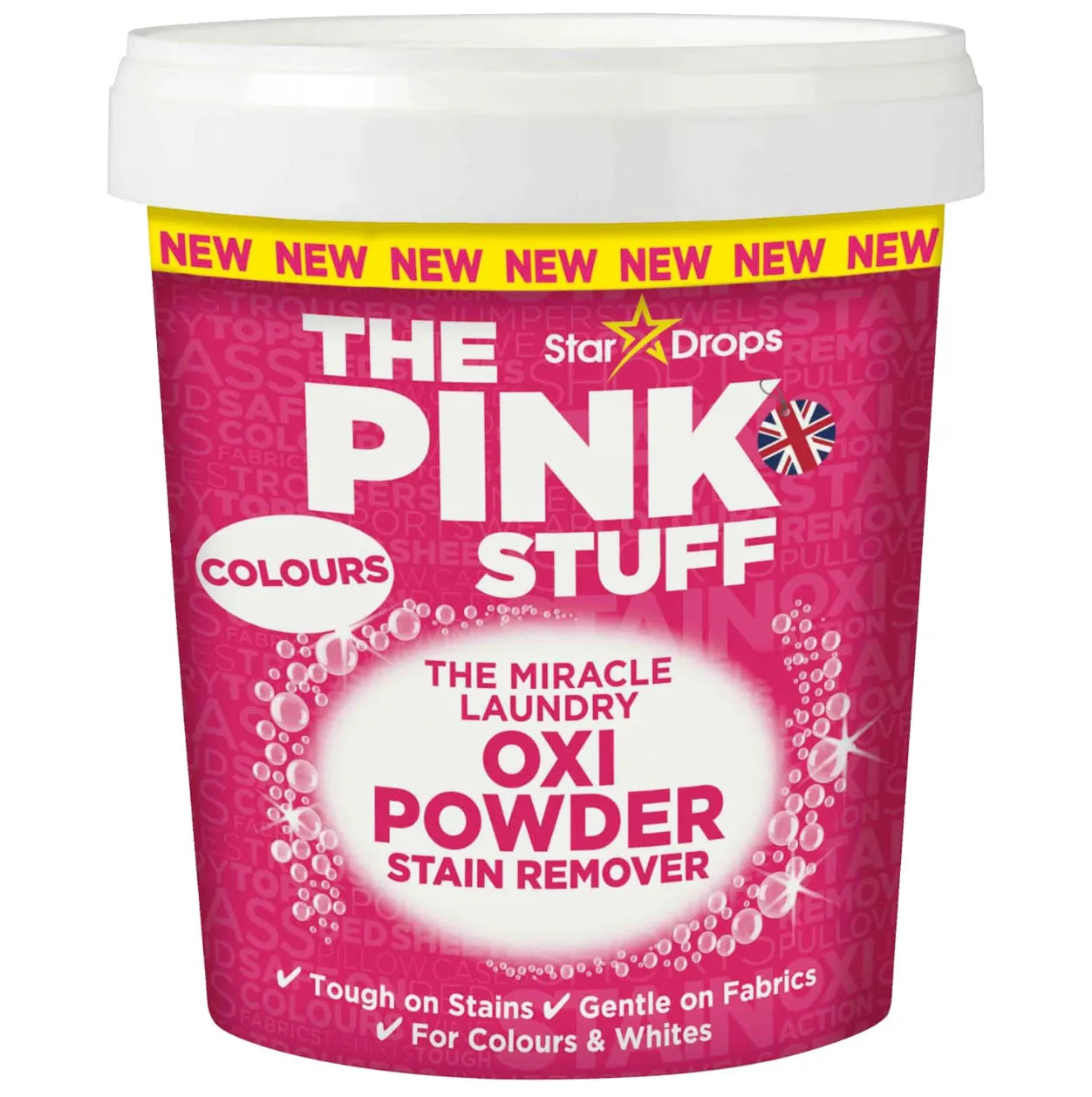 Pink container of 'The Pink Stuff' laundry oxi powder stain remover for clothes with color