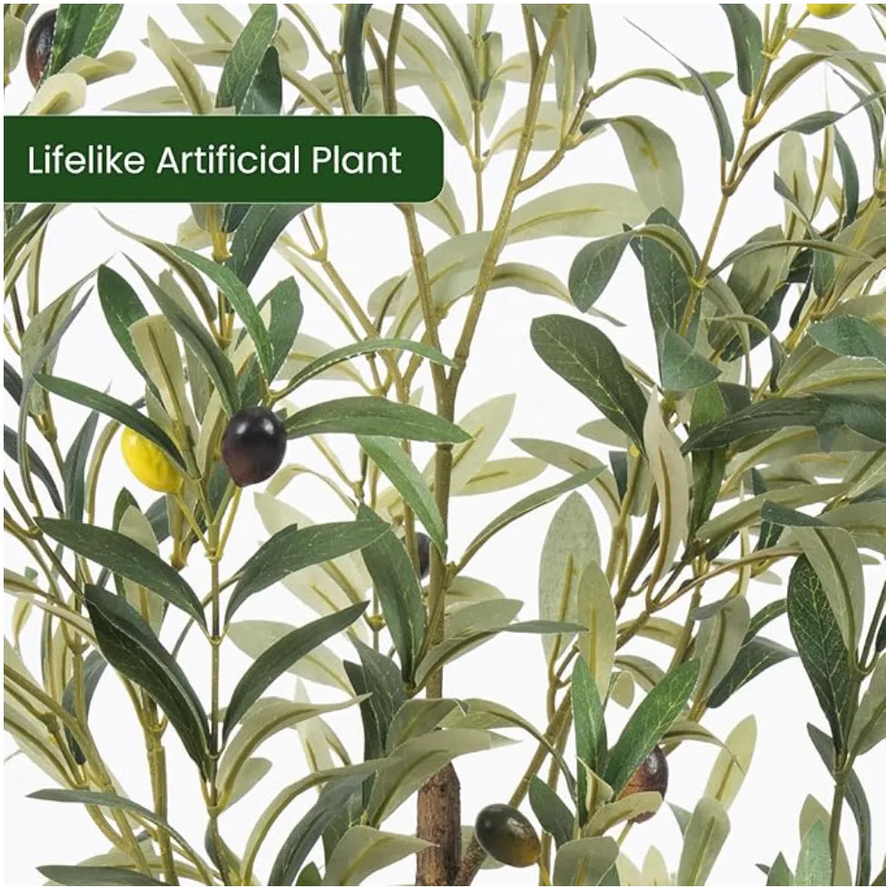 Artificial olive plant with green leaves and small fruits on a white background