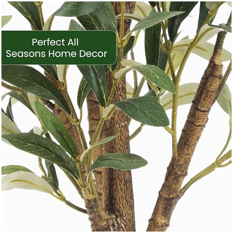Artificial plant with green leaves and brown stems, labeled 'Perfect All Seasons Home Decor'.