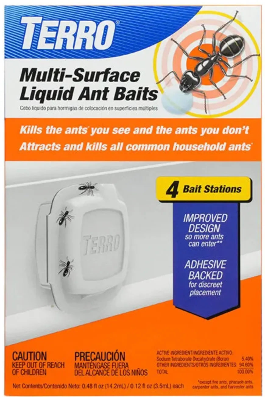 Terro multi-surface liquid ant bait packaging with an ant illustration on an orange and blue background.