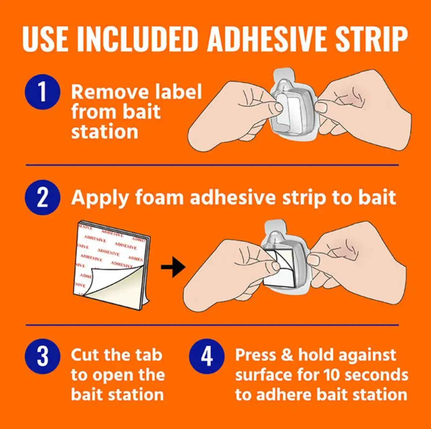 Instructions for using an adhesive strip with a Terro bait station on an orange background
