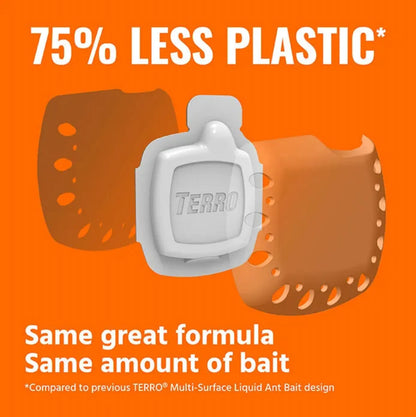 TERRO ant bait station with text highlighting reduced plastic use on an orange background