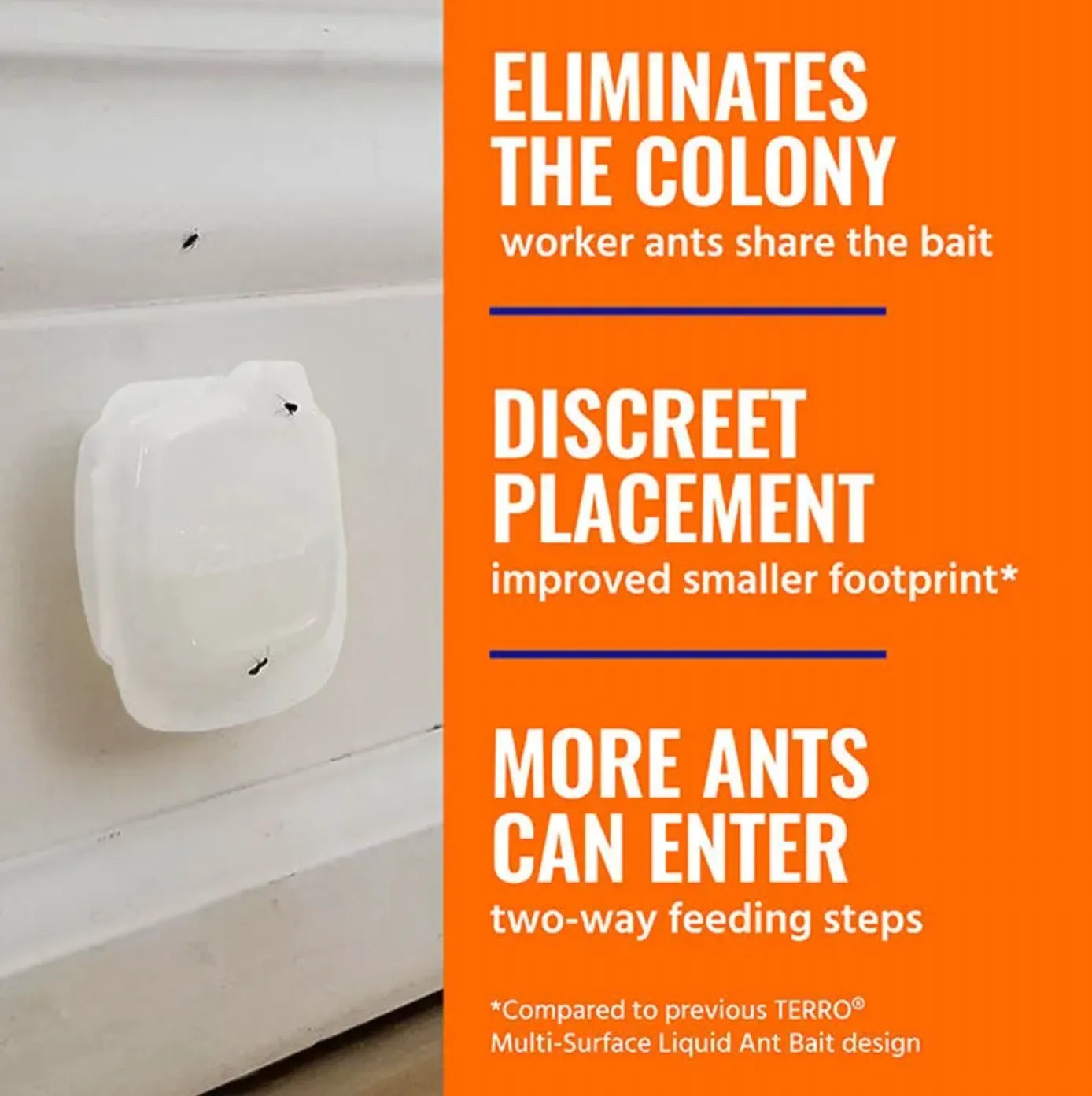 Terro ant bait station with promotional text on an orange background
