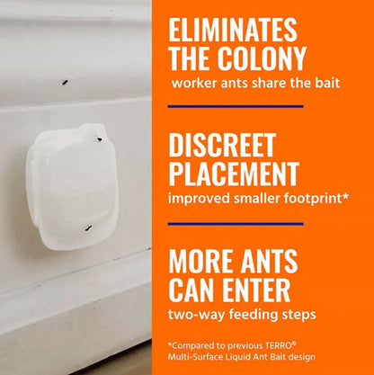 Terro ant bait station with promotional text on an orange background