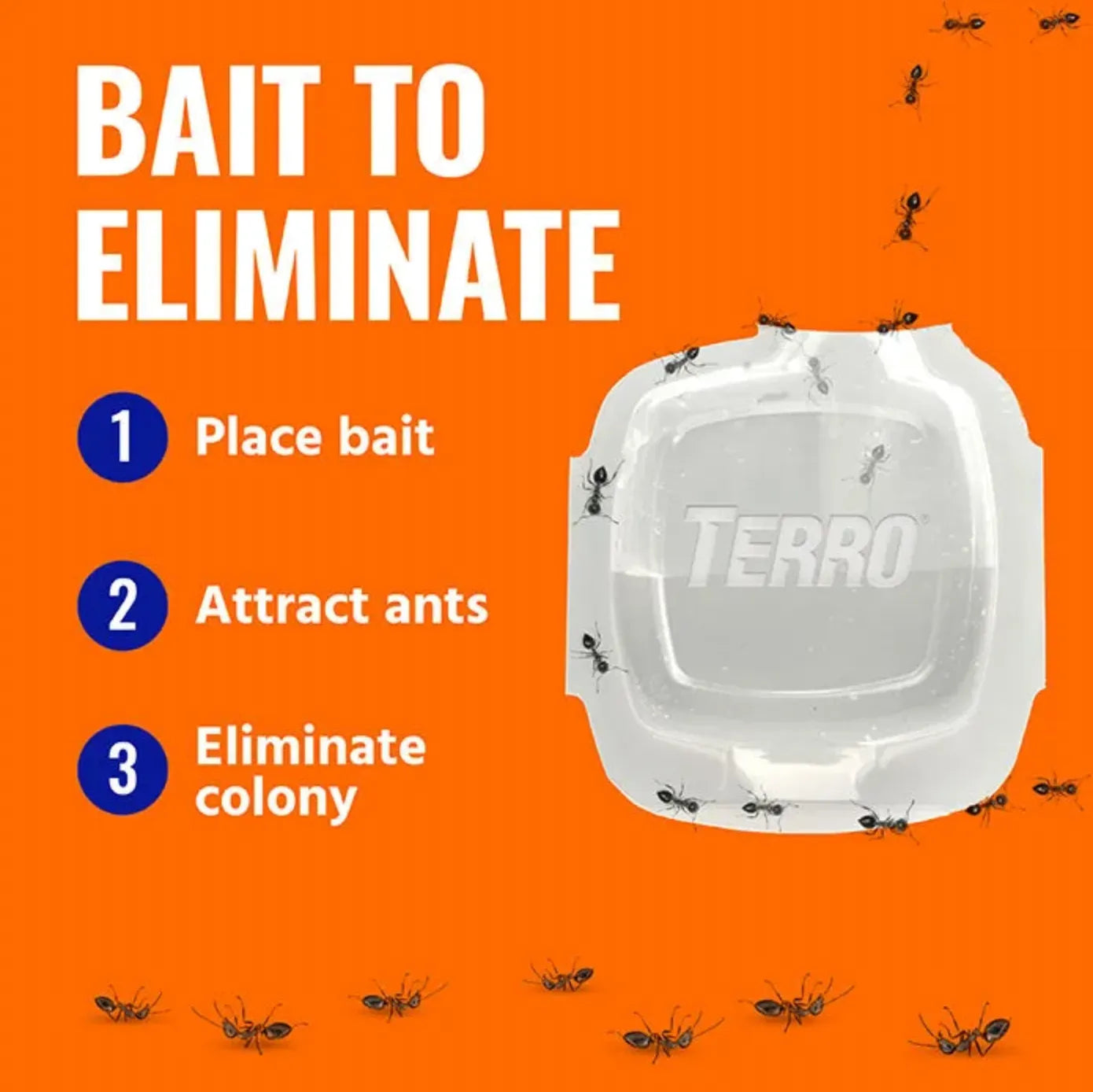 Terro ant bait station with instructions on an orange background