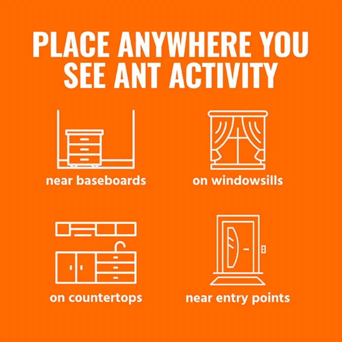 Orange background with white text and icons for ant control placement