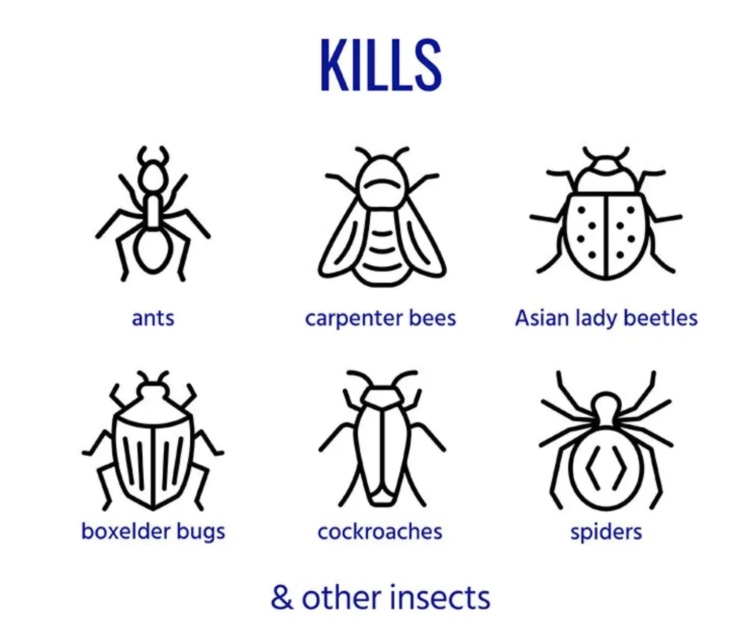 Illustrations of insects with text indicating what they kill on a white background