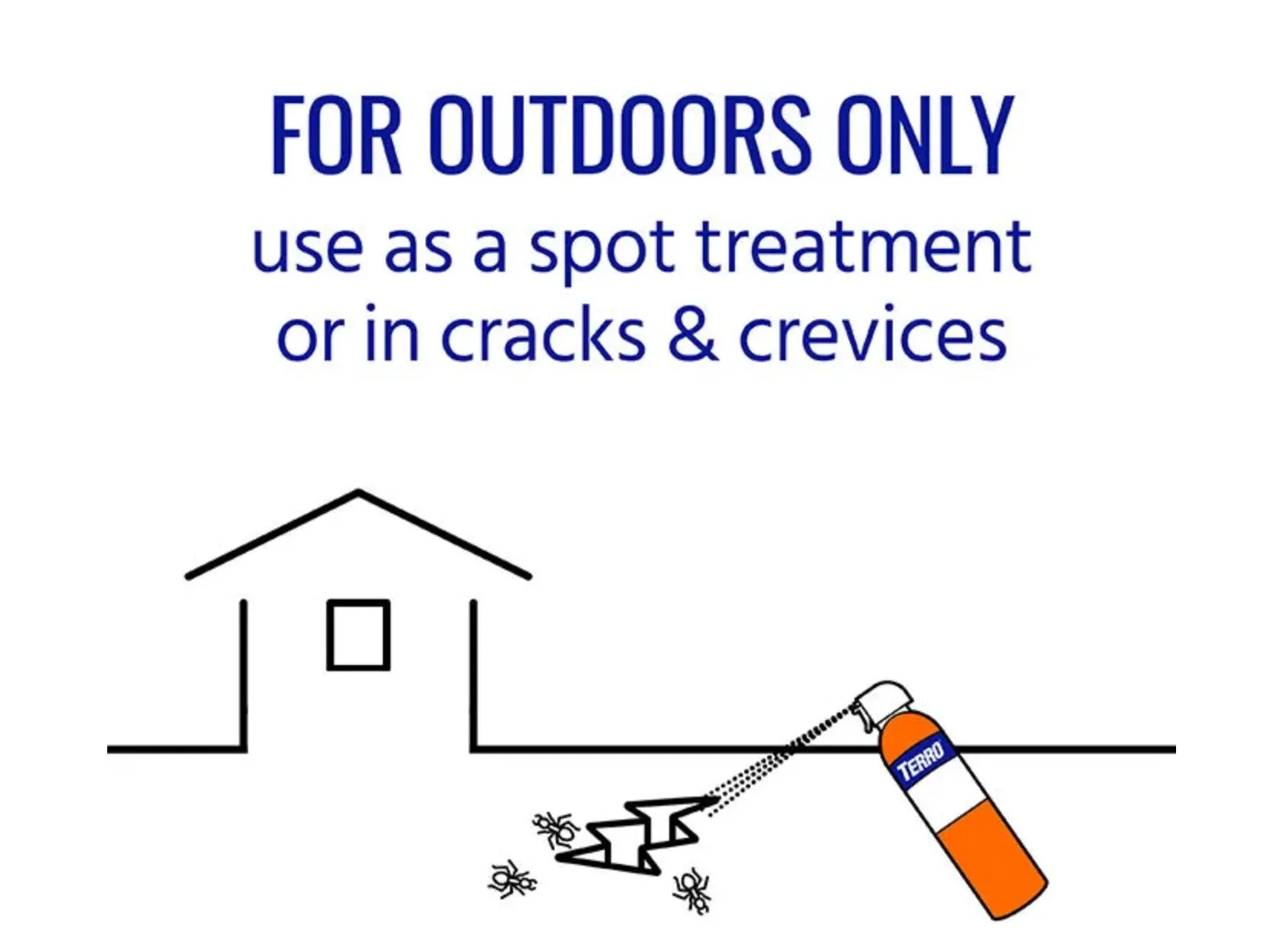 Diagram showing a house with a termite treatment canister and text 'FOR OUTDOORS ONLY use as a spot treatment or in cracks & crevices'.