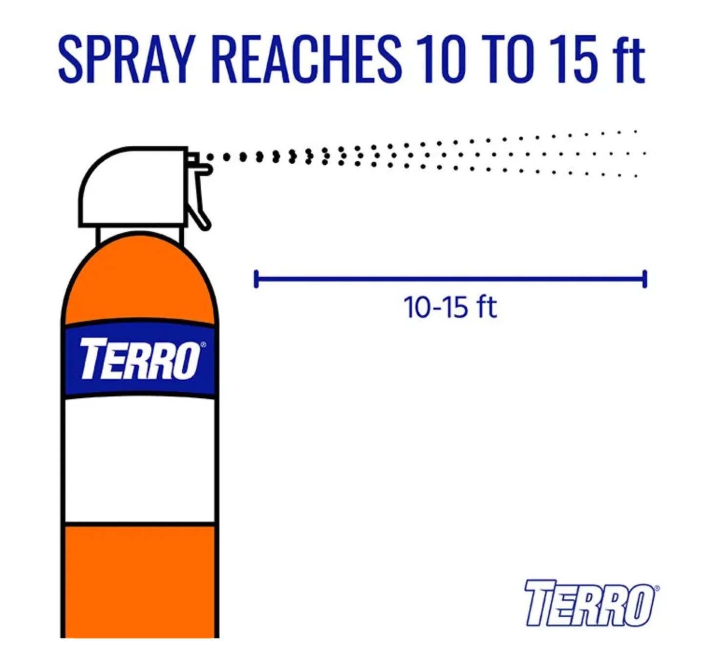 Terro brand spray can with a measurement indicating spray reach of 10 to 15 feet on a white background.