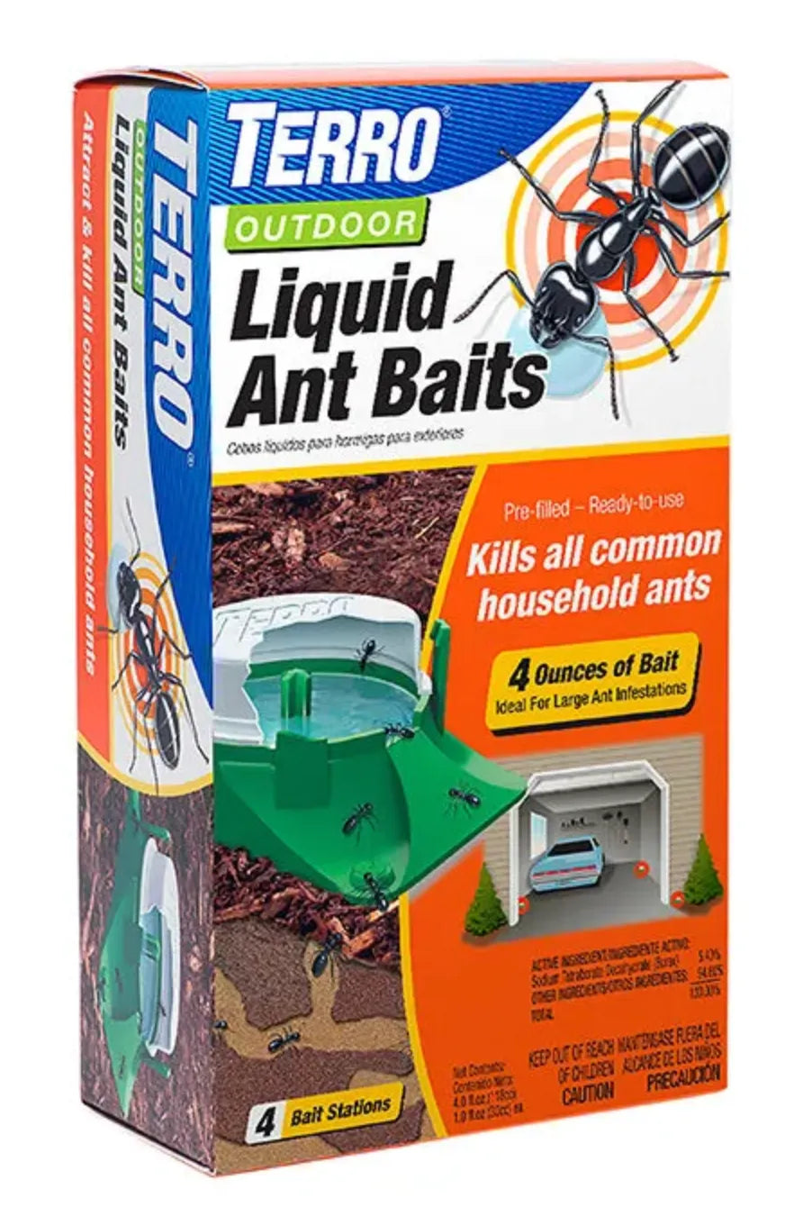 Box of Terro Liquid Ant Baits with ant graphics on a white background