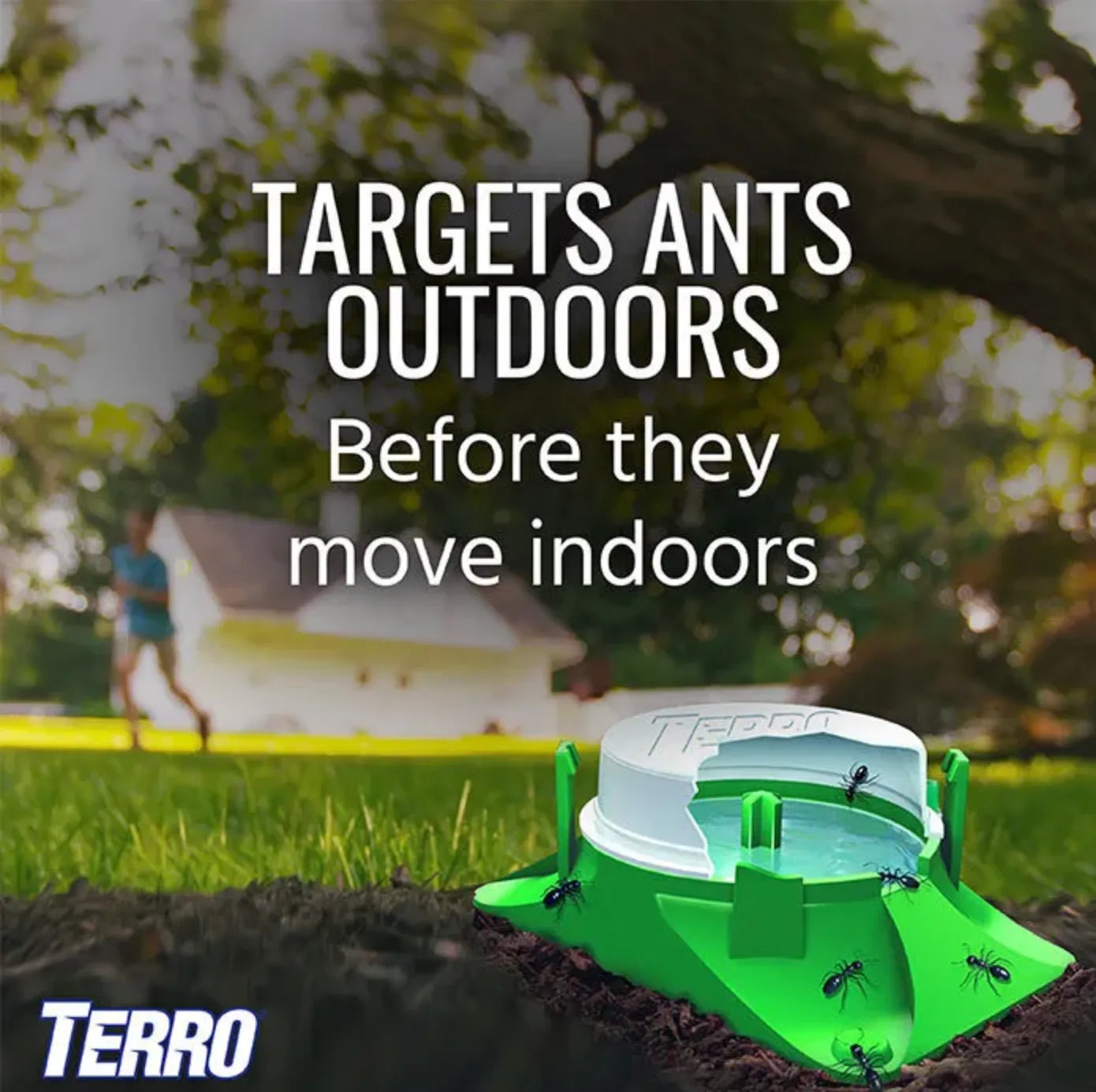 Green Terro ant trap on grass with text 'Targets Ants Outdoors Before they move indoors' and 'TERRO' branding.
