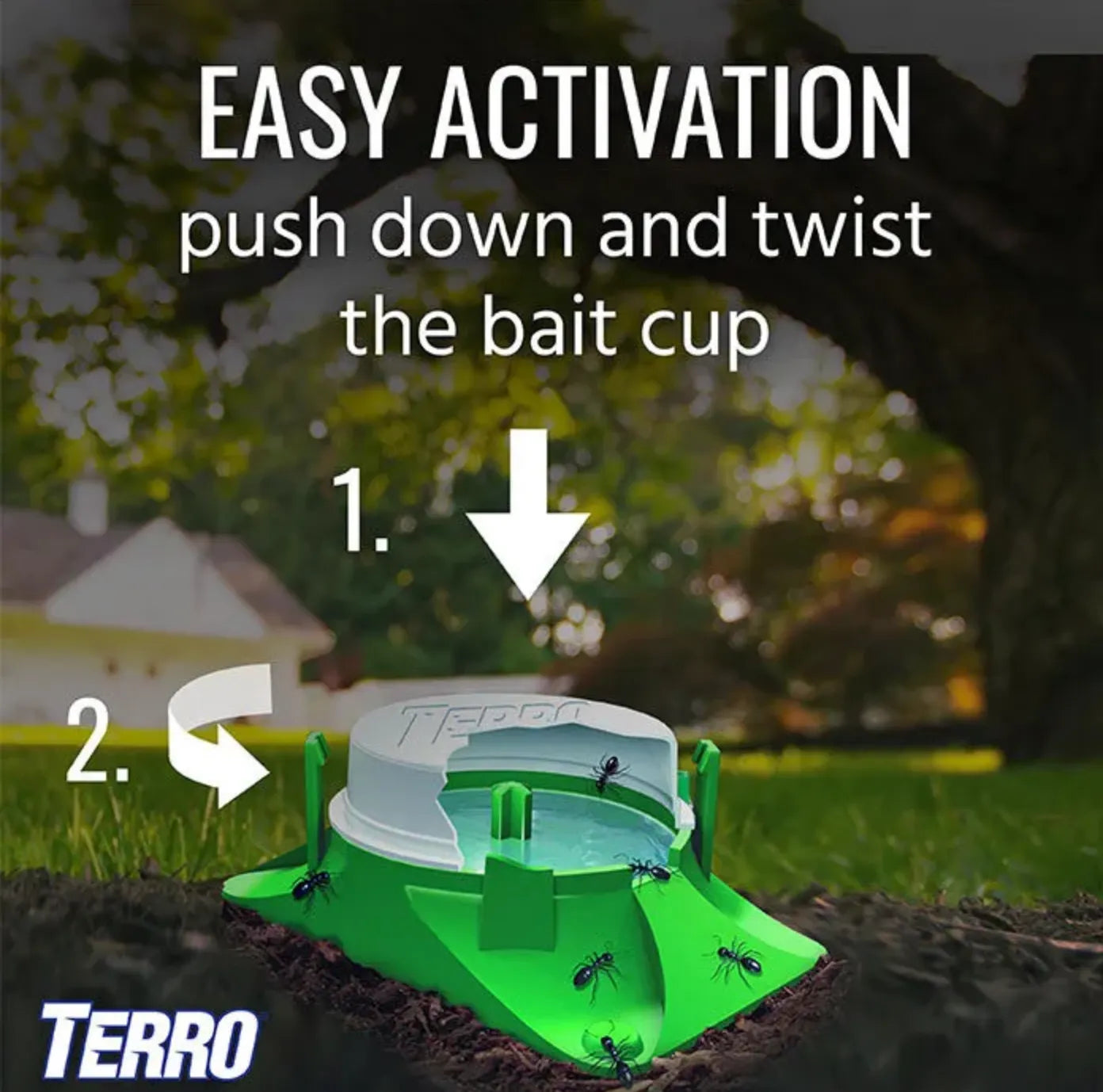 Terro ant trap with instructions for easy activation on a blurred outdoor background