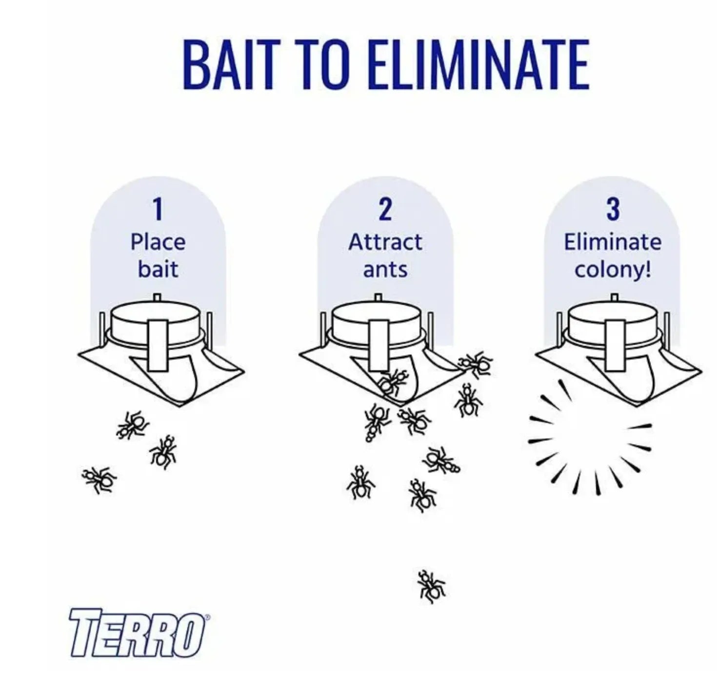 Diagram showing steps to eliminate an ant colony using bait, with Terro branding.