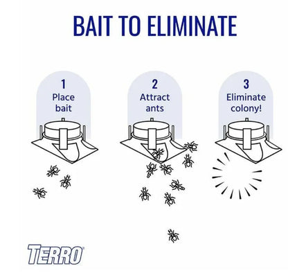 Diagram showing steps to eliminate an ant colony using bait, with Terro branding.