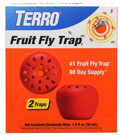 Box of Terro Fruit Fly Trap with red traps on an orange background