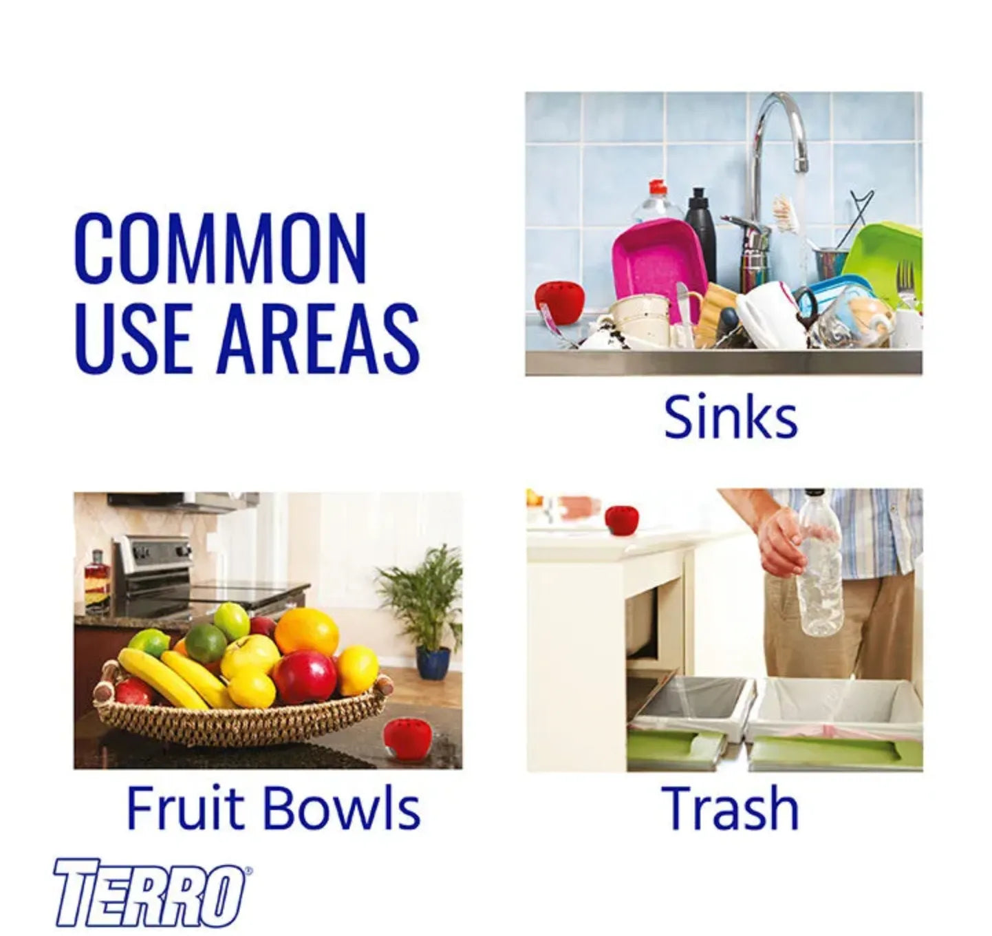 Advertisement showing common use areas for Terro Fruit Fly trap including sinks, fruit bowls, and trash.