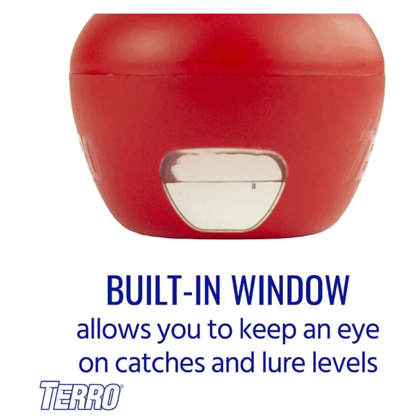 Red container with a built-in window, featuring the Terro Fruit Fly trap.