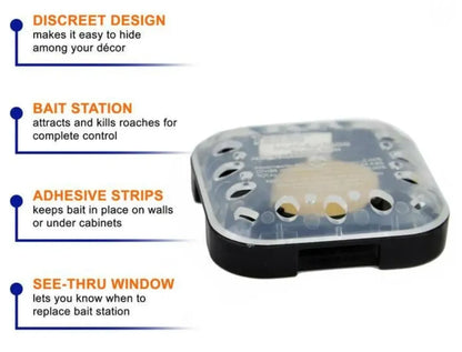 Terro Bait station for roach control with features listed on a white background