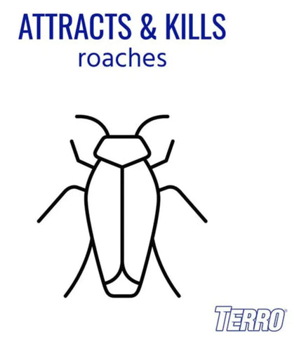 Illustration of a roach with text 'ATTRACTS & KILLS roaches' and 'TERRO' logo on a white background