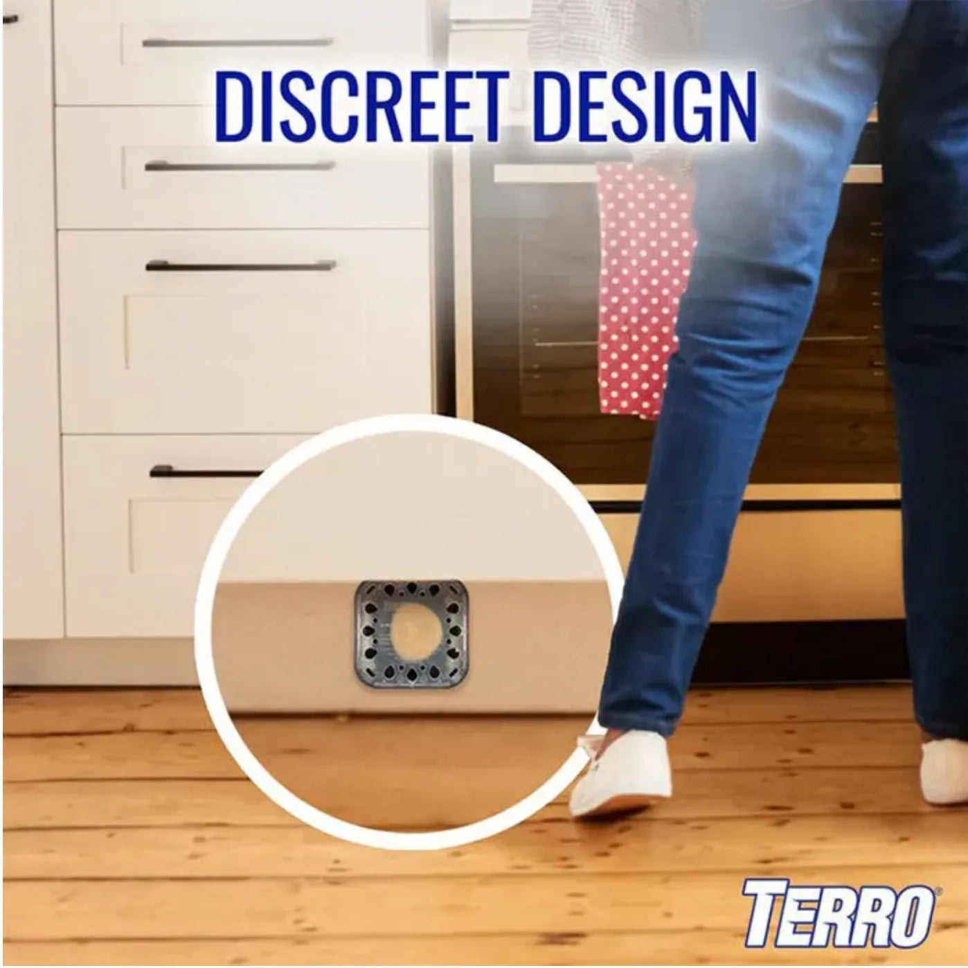 Person wearing blue jeans stepping on a TERRO product with 'Discreet Design' text above.