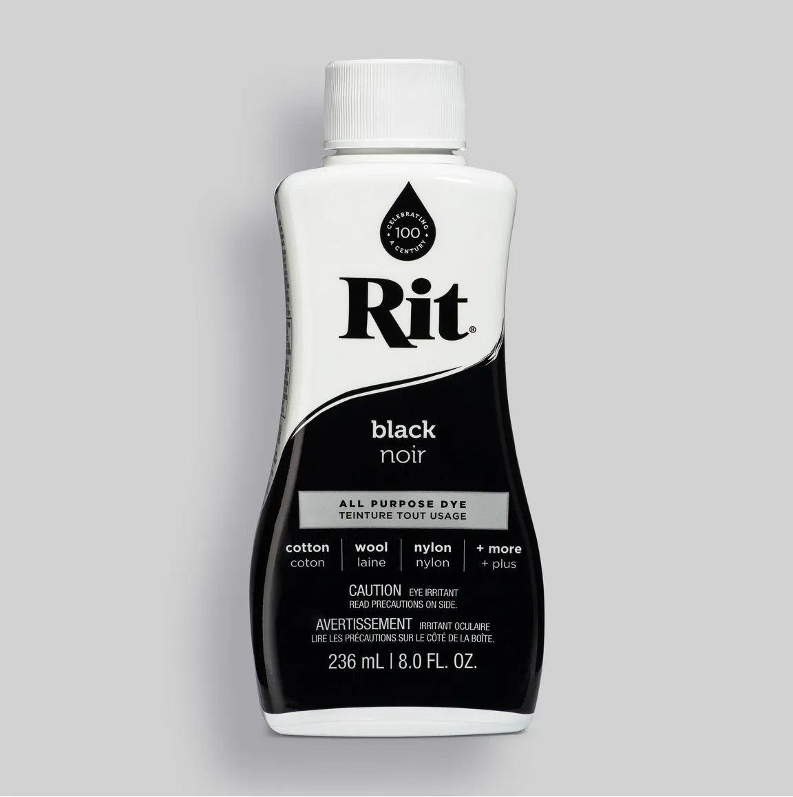 Bottle of Rit black all-purpose dye on a gray background