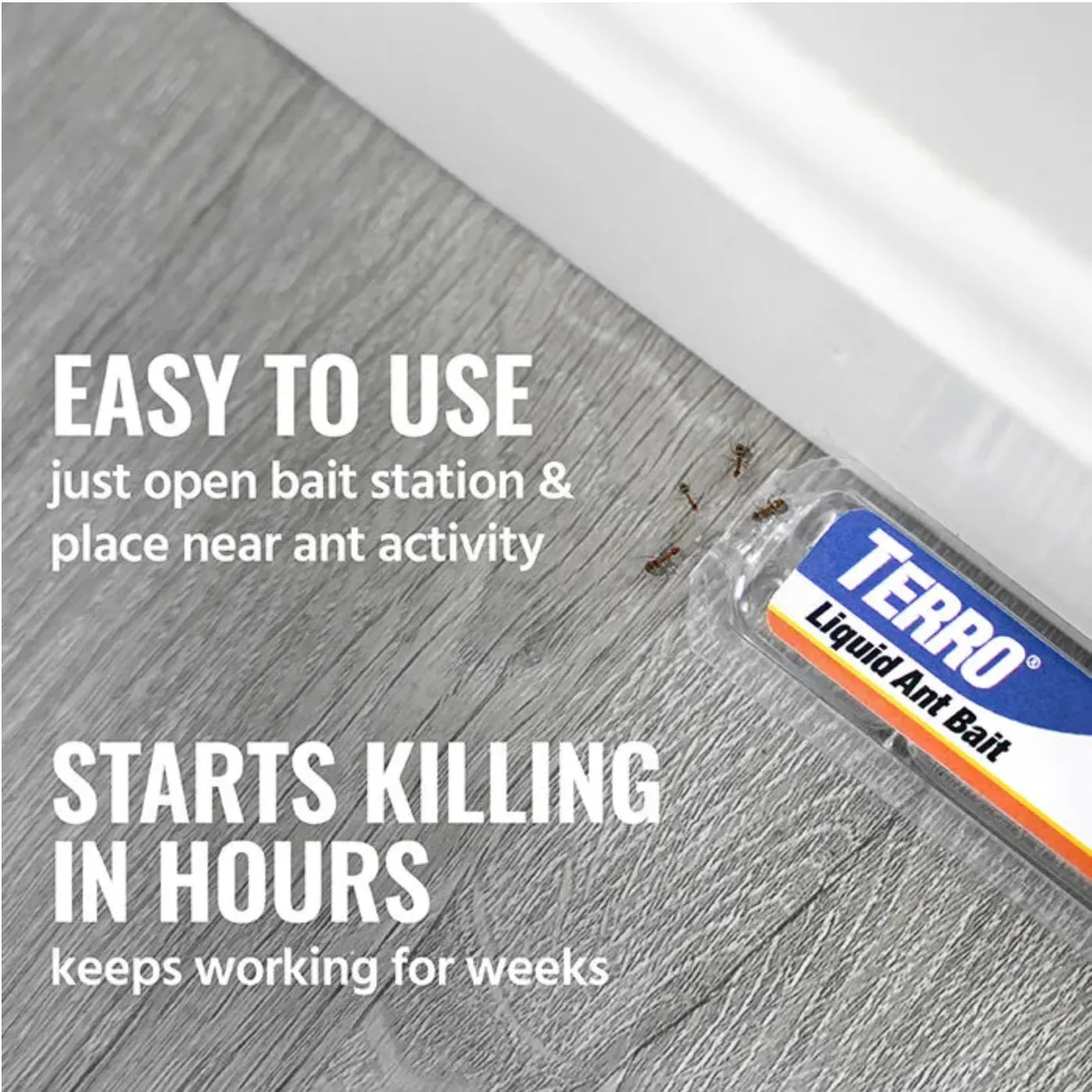 Terro liquid ant bait station on a wooden surface with text about its ease of use and effectiveness.