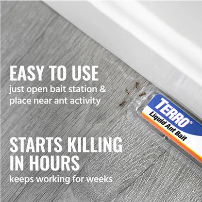 Terro liquid ant bait station on a wooden surface with text about its ease of use and effectiveness.