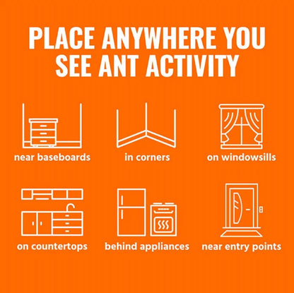 Orange background with white text and icons indicating places to place ant traps.