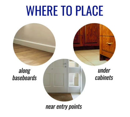 Instructions on where to place something with images of baseboards, cabinets, and entry points.