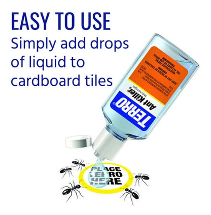 Bottle of TERRO ant killer with text on a white background